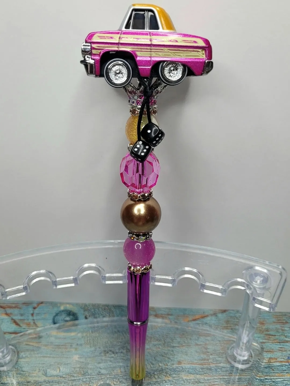 Hand Crafted Pink and Gold Novelty Car Beaded Pen